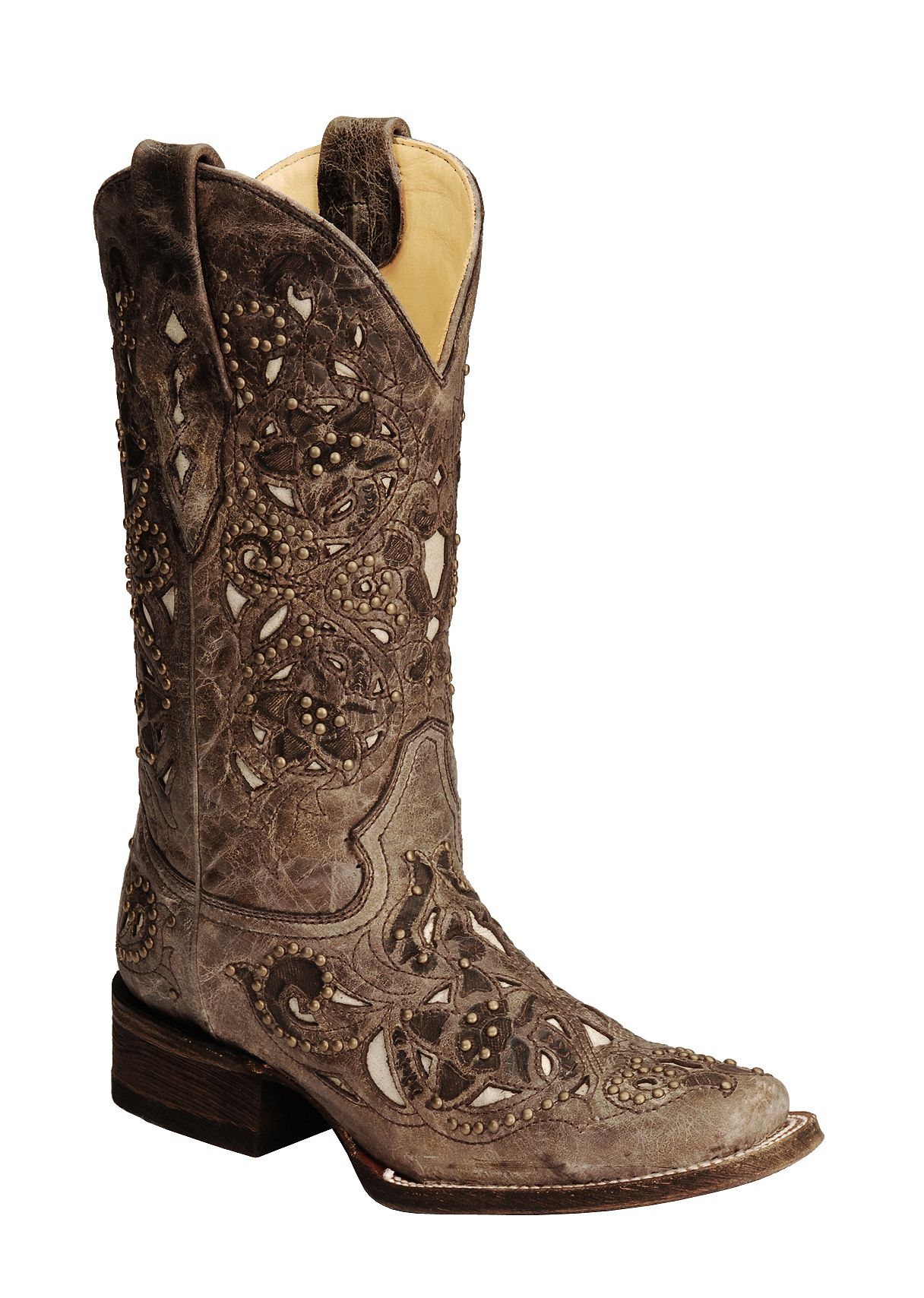 boots cowgirl corral square toe inlay bone crater studded western brown womens sheplers country