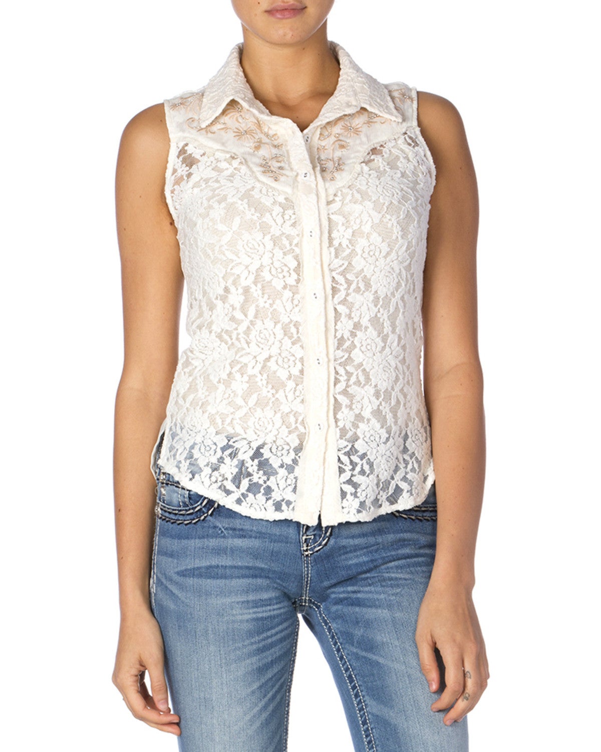 Miss Me Women's Lace ButtonDown Sleeveless Shirt Sheplers