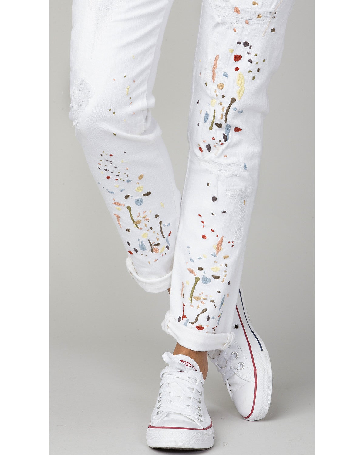 MM Vintage Women's White Paint Splatter Embroidered Boyfriend Jeans