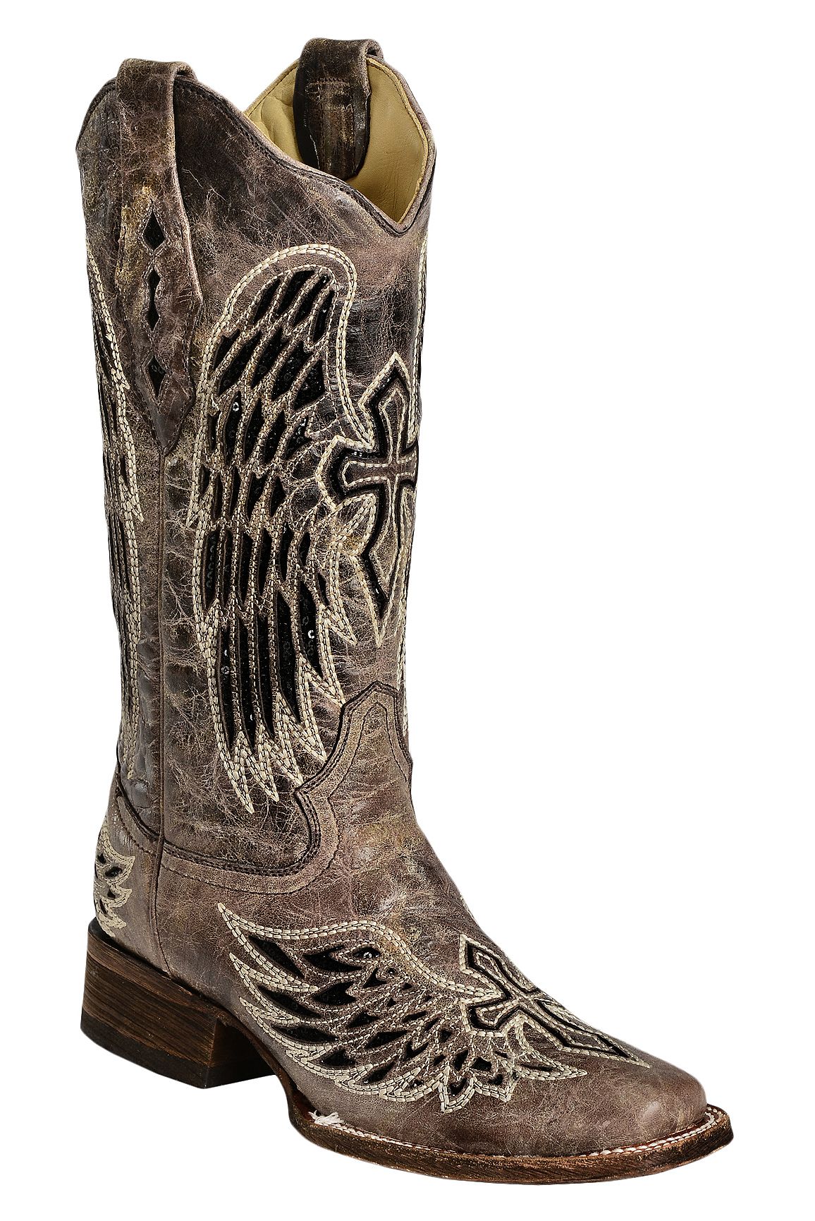 Corral Black Sequin Wing & Cross Inlay Cowgirl Boots Square Toe
