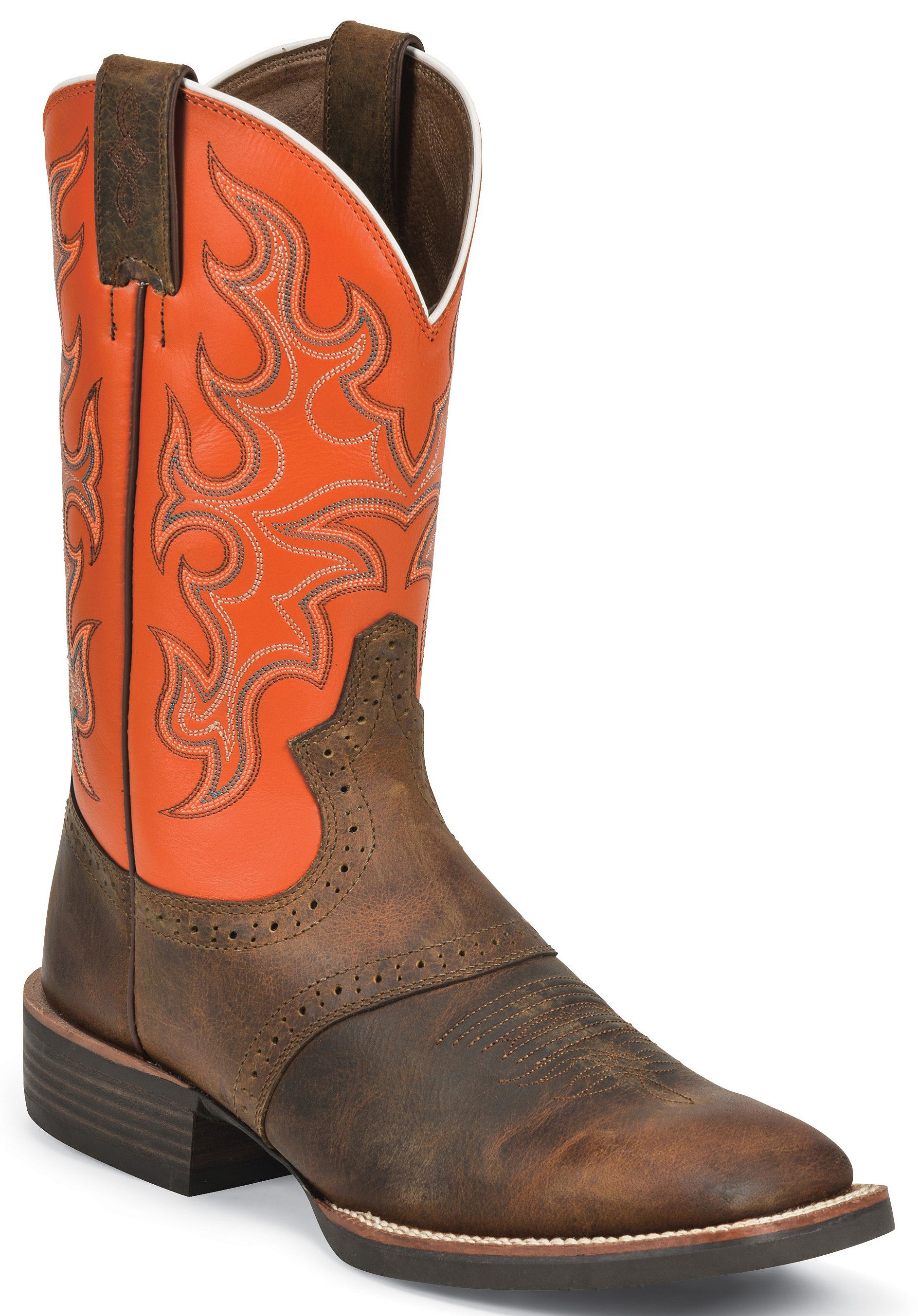 Justin Silver Orange Cattleman Saddle Vamp Cowboy Boots Wide Square