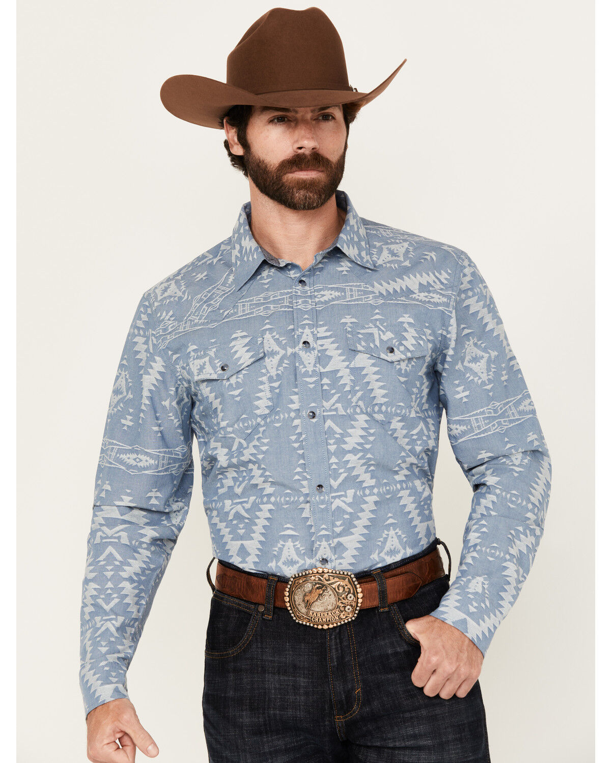 Image #1 - Cody James Men's Badlands Southwestern Print Long Sleeve Snap Western Shirt, Navy, hi-res