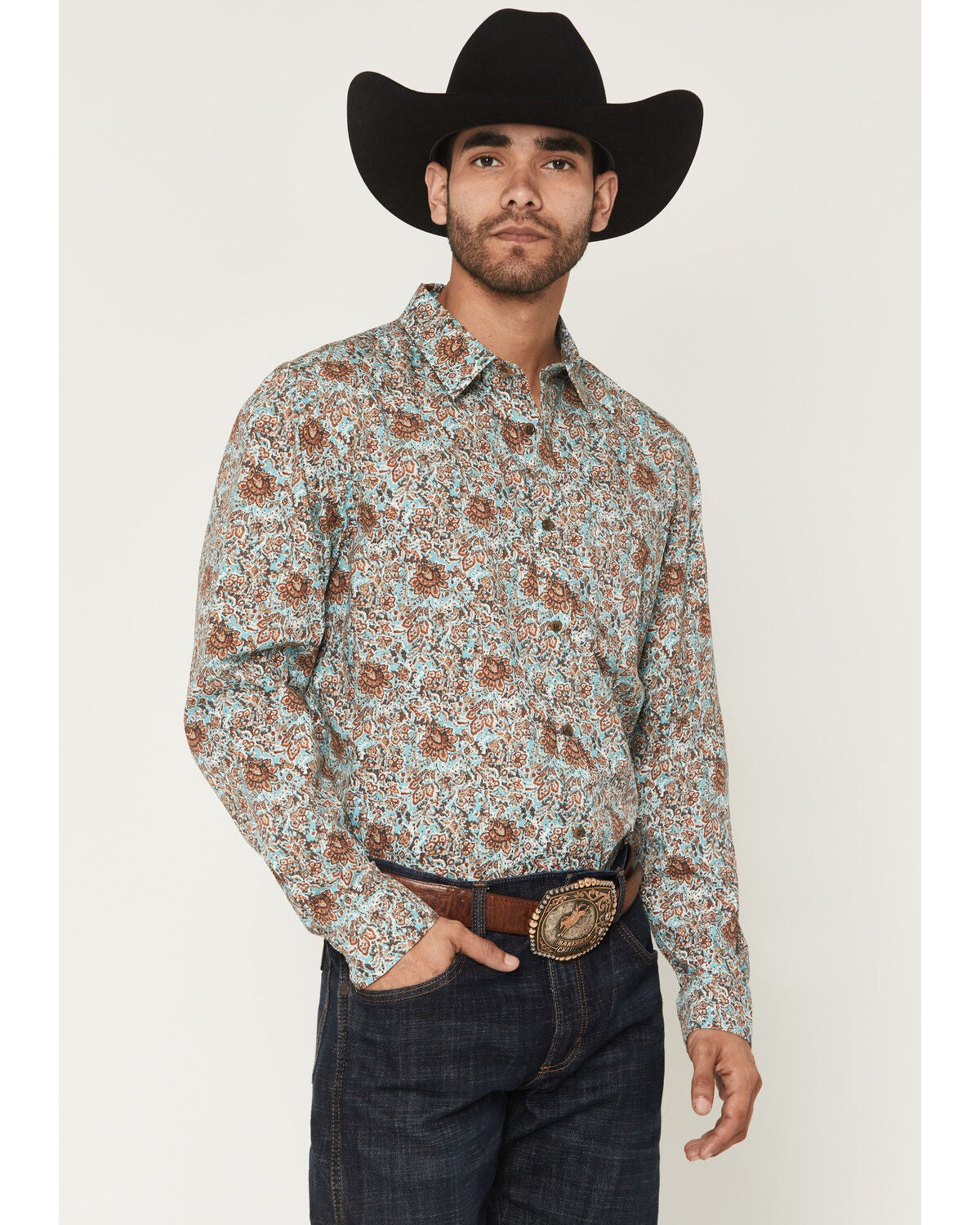 Image #1 - Gibson Trading Co Men's Retro King Floral Print Long Sleeve Button-Down Western Shirt, Light Blue, hi-res