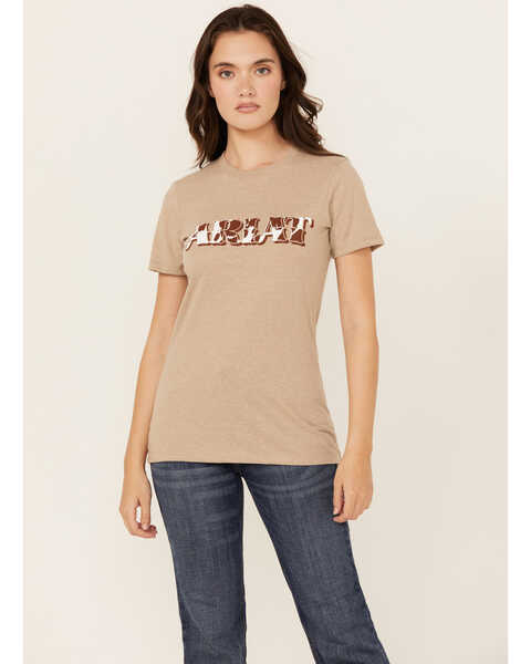 Image #1 - Ariat Women's Boot Barn Exclusive Cow Print Logo Short Sleeve Graphic Tee, Oatmeal, hi-res
