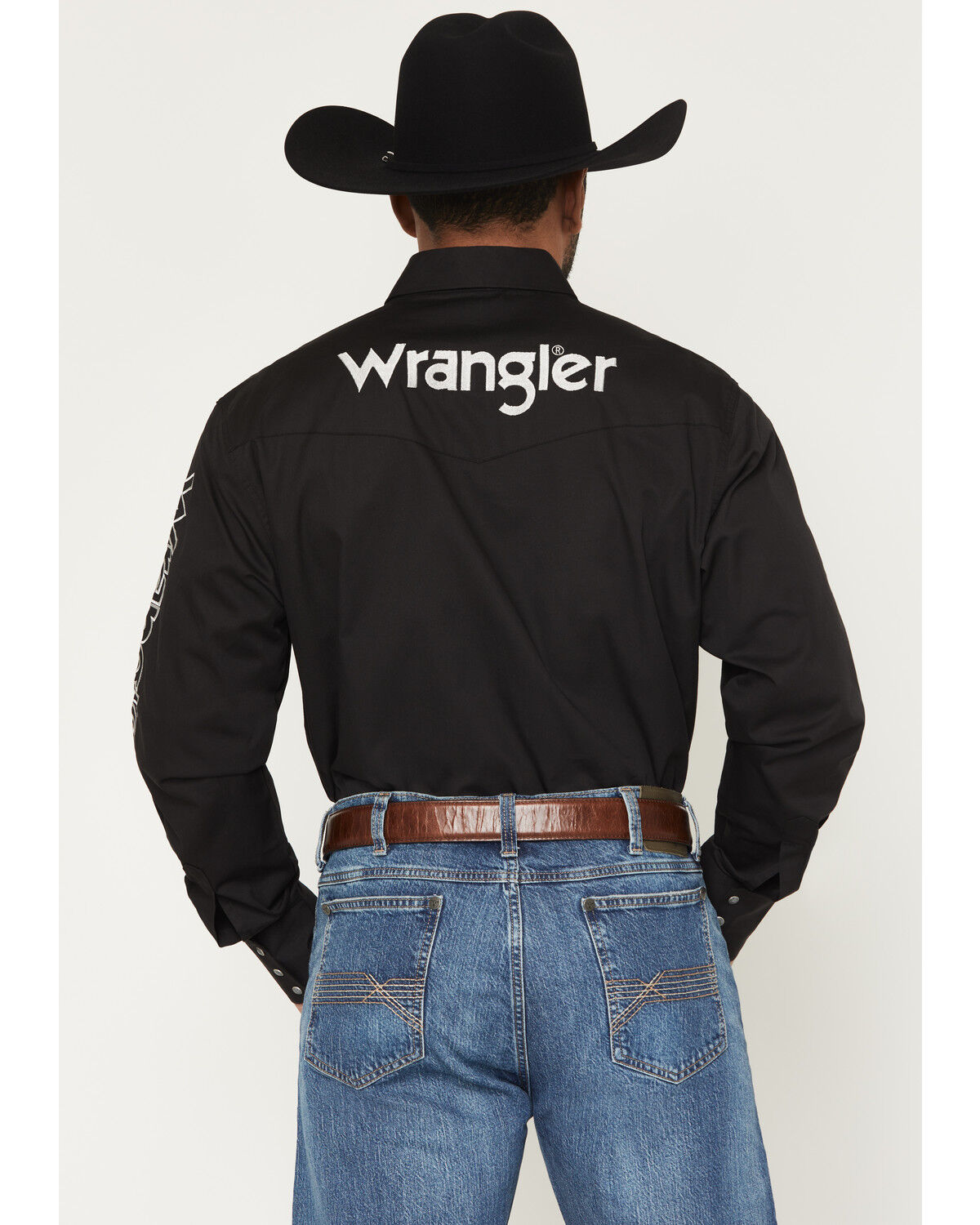 Image #4 - Wrangler Men's Solid Logo Long Sleeve Snap Western Shirt, Black, hi-res