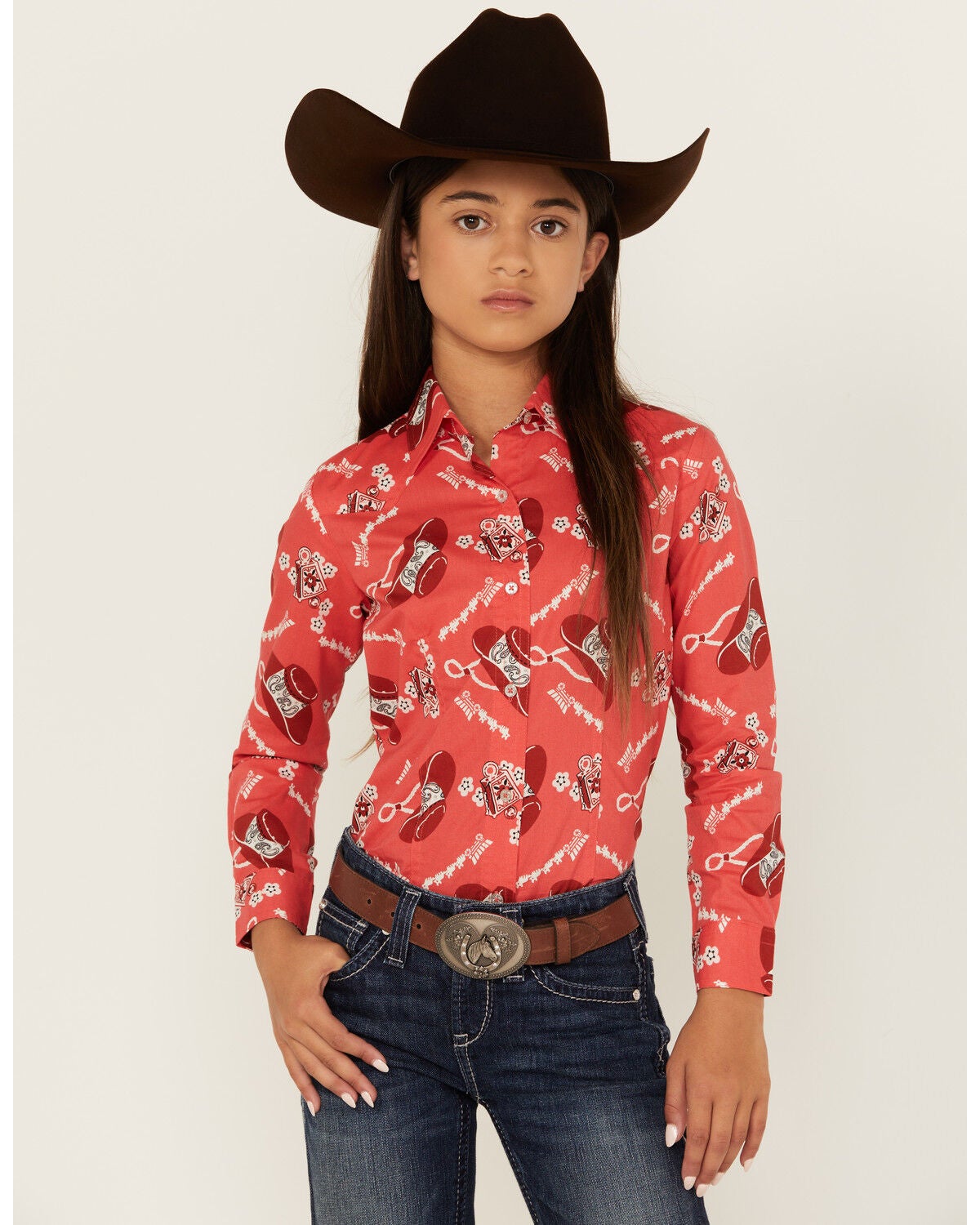 Cruel Girl Girls' Conversation Print Long Sleeve Button-Down Western Shirt, Coral, hi-res