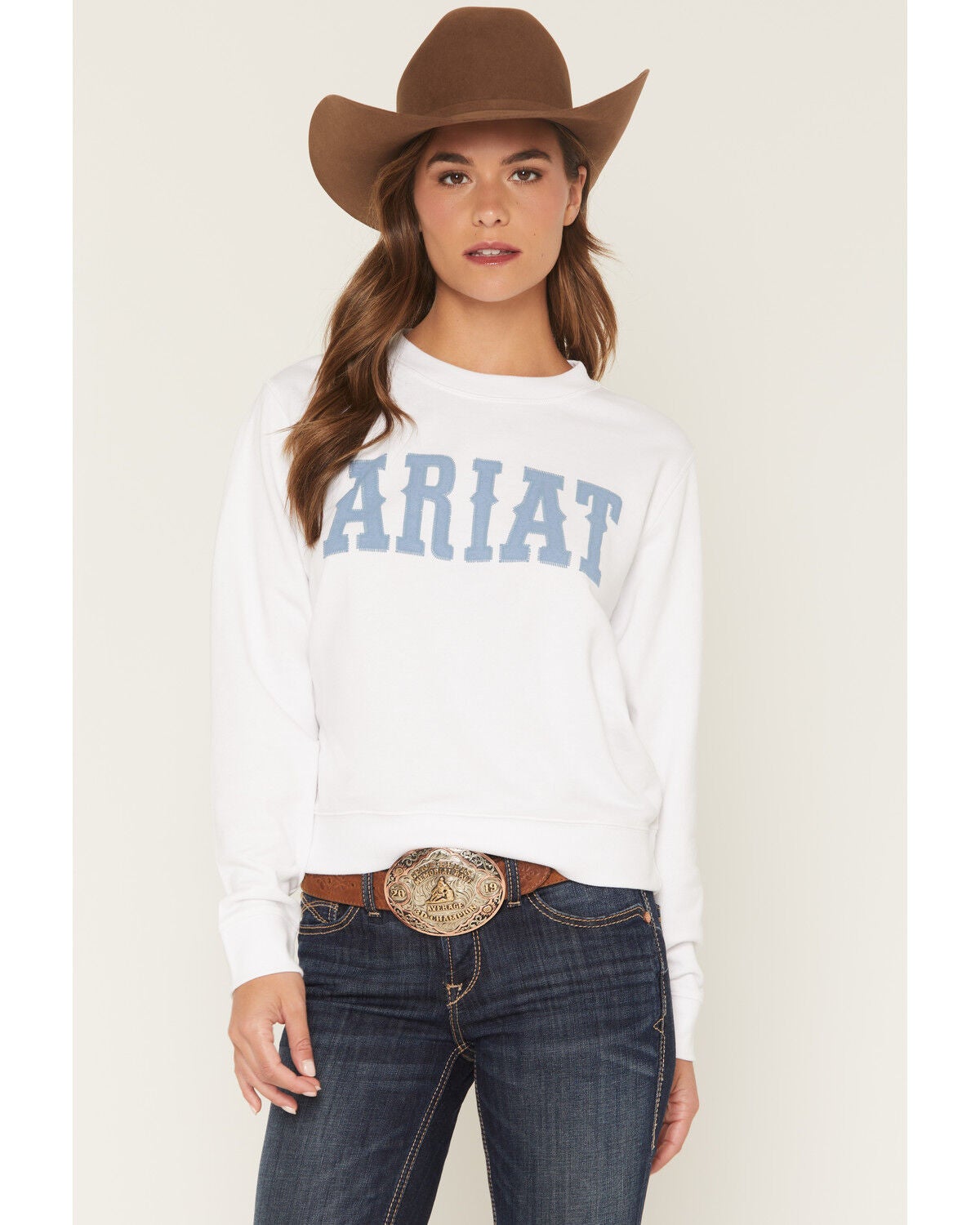 Image #1 - Ariat Women's Boot Barn Exclusive Logo Crew Neck Sweatshirt, White, hi-res