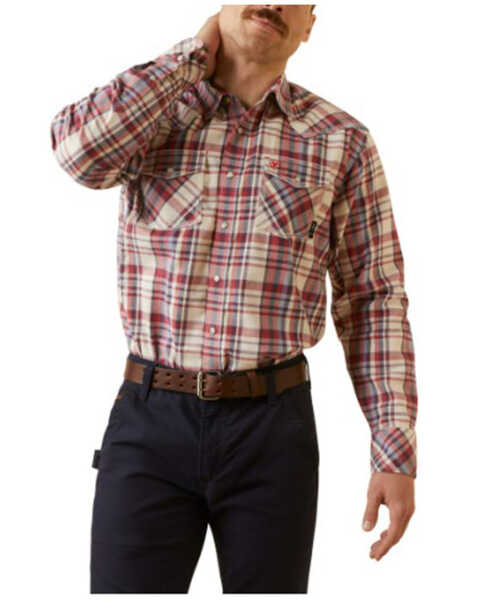 Ariat Men's FR Dillon Retro Plaid Print Long Sleeve Snap Work Shirt , Red, hi-res