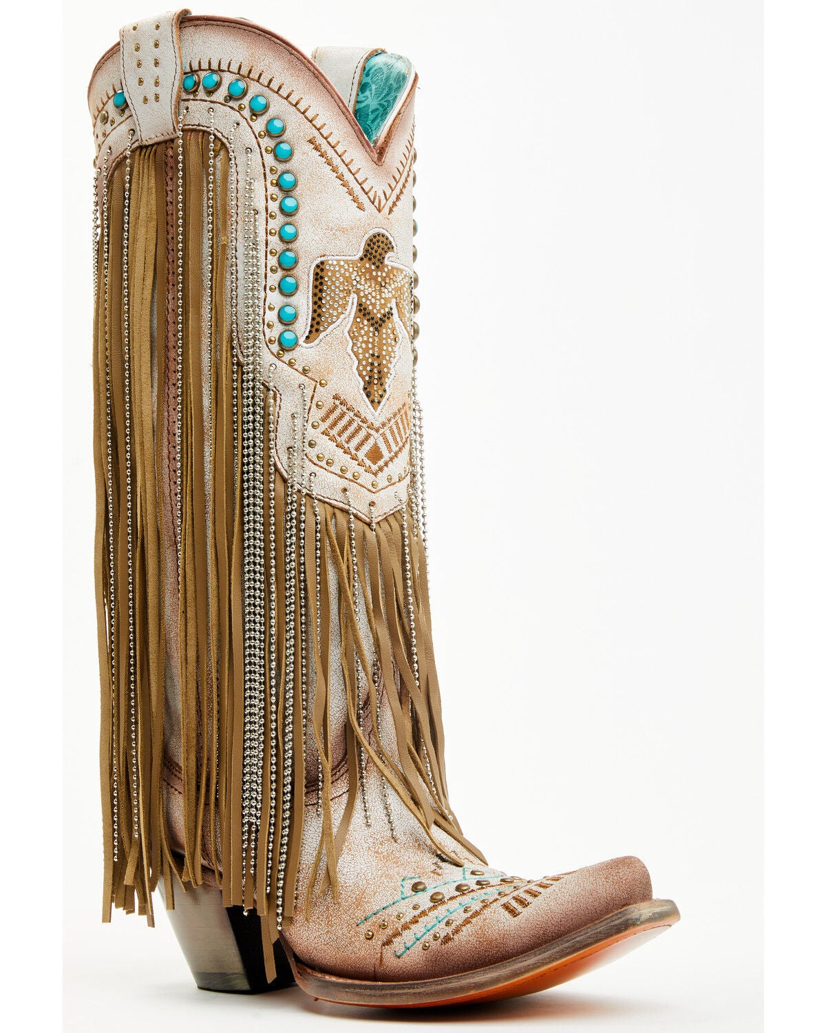 Corral Women's Embroidered and Crystal Eagle Fringe Western Boots - Snip Toe, Beige, hi-res