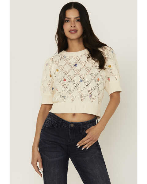 Image #1 - Driftwood Women's Floral Embroidered Knit Top, Cream, hi-res