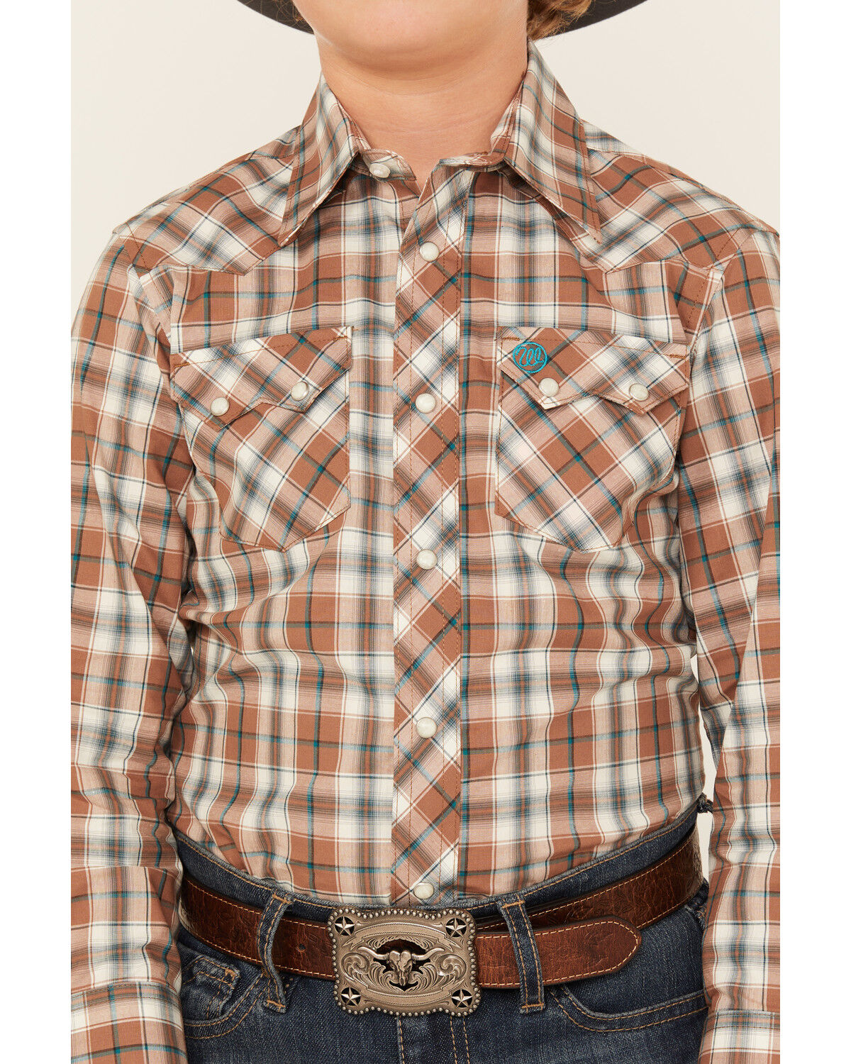 Image #3 - Wrangler Retro Boys' Plaid Print Long Sleeve Snap Western Shirt, Brown, hi-res