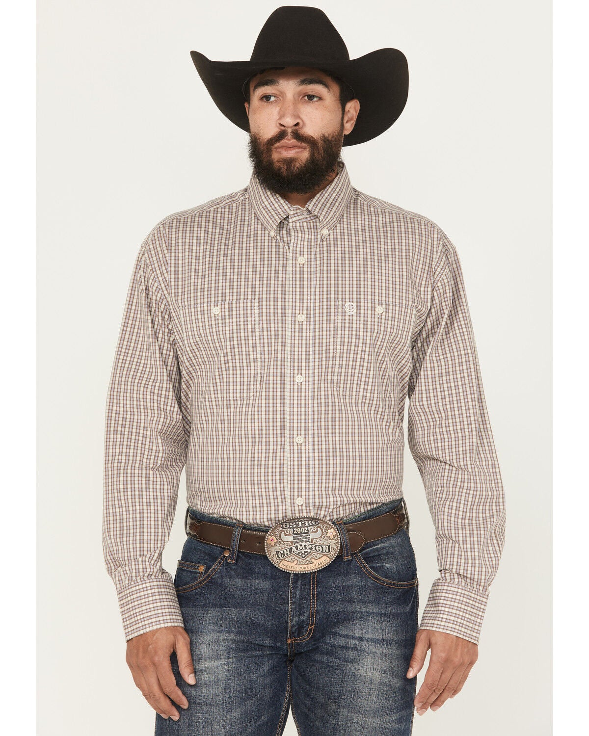 George Strait by Wrangler Men's Plaid Print Long Sleeve Button-Down Stretch Western Shirt, Taupe, hi-res