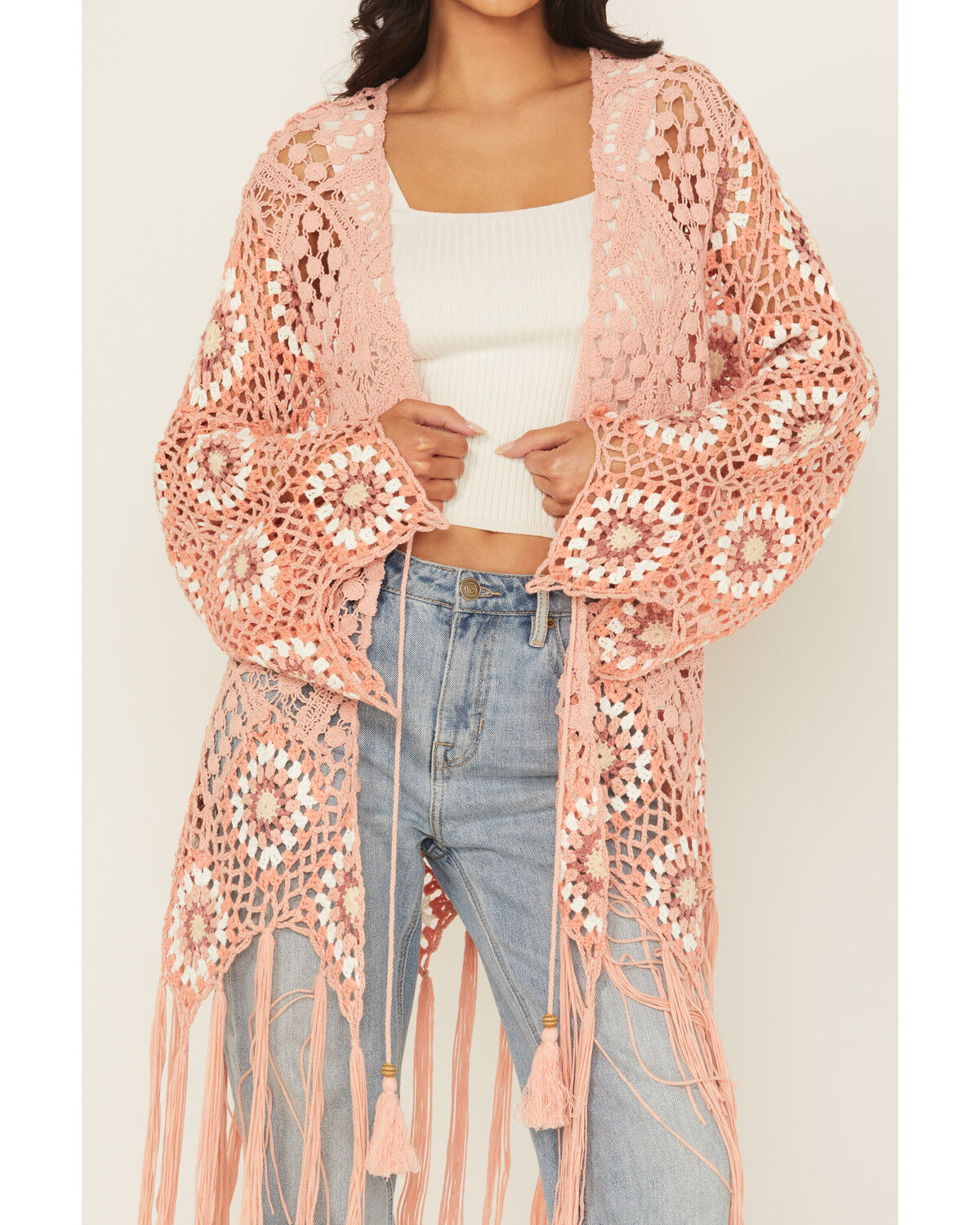 Image #3 - Miss Me Women's Crochet Fringe Kimono, Pink, hi-res