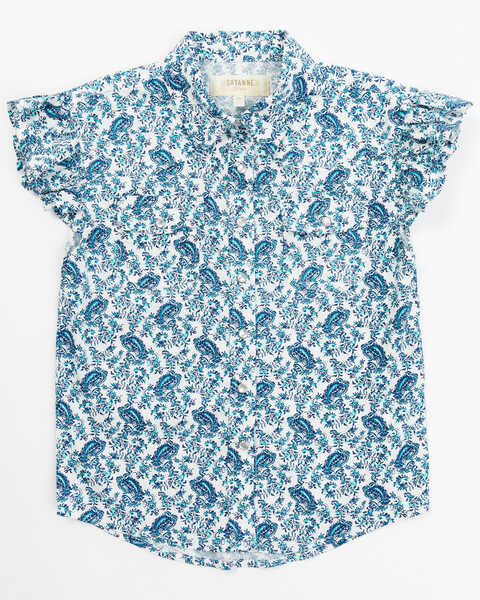 Shyanne Toddler Girls' Paisley Print Short Sleeve Western Pearl Snap Shirt, Royal Blue, hi-res