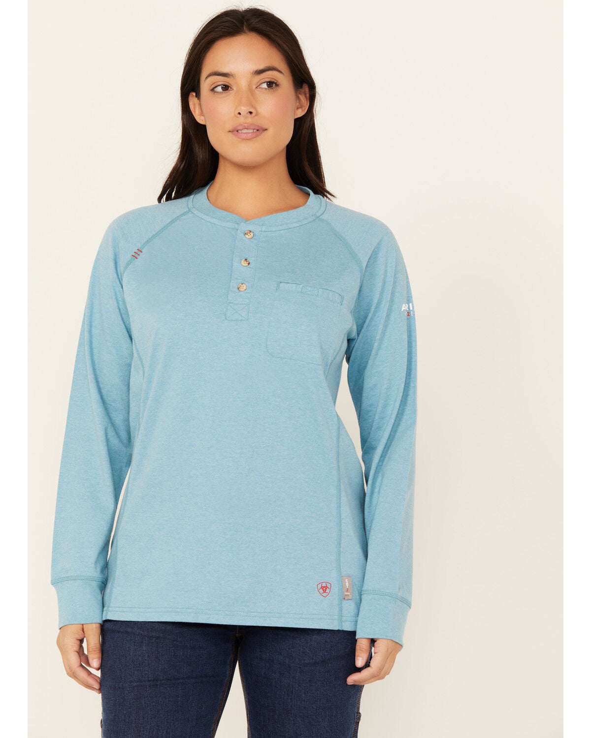 Ariat Women's FR Air Henley Long Sleeve Work Shirt, Blue, hi-res