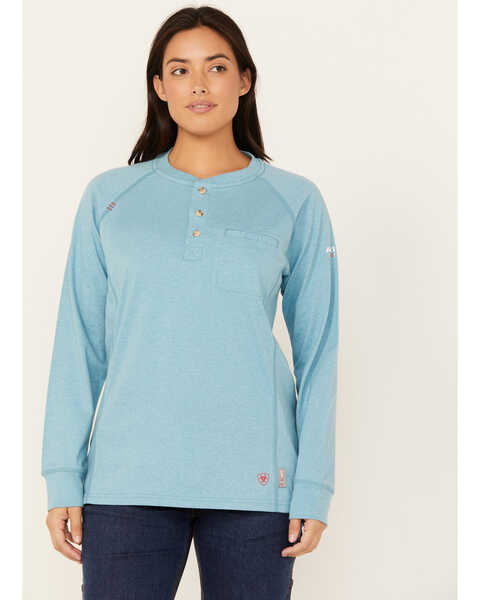 Image #1 - Ariat Women's FR Air Henley Long Sleeve Work Shirt , Blue, hi-res