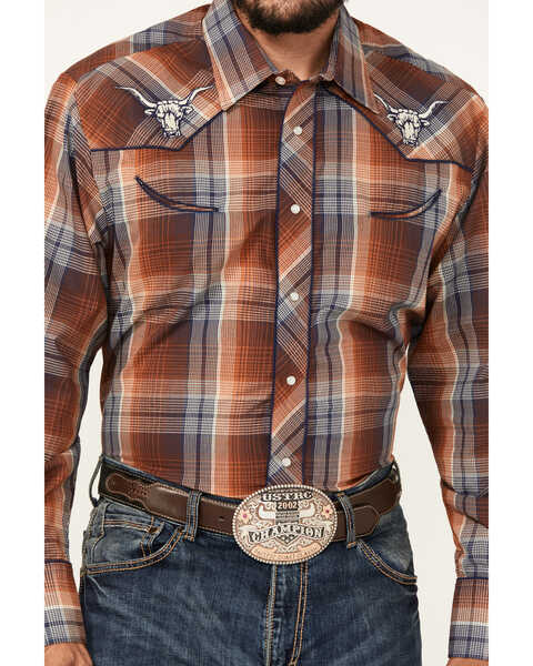 Image #3 - Roper Men's Plaid Print Embroidered Long Sleeve Pearl Snap Western Shirt, Rust Copper, hi-res