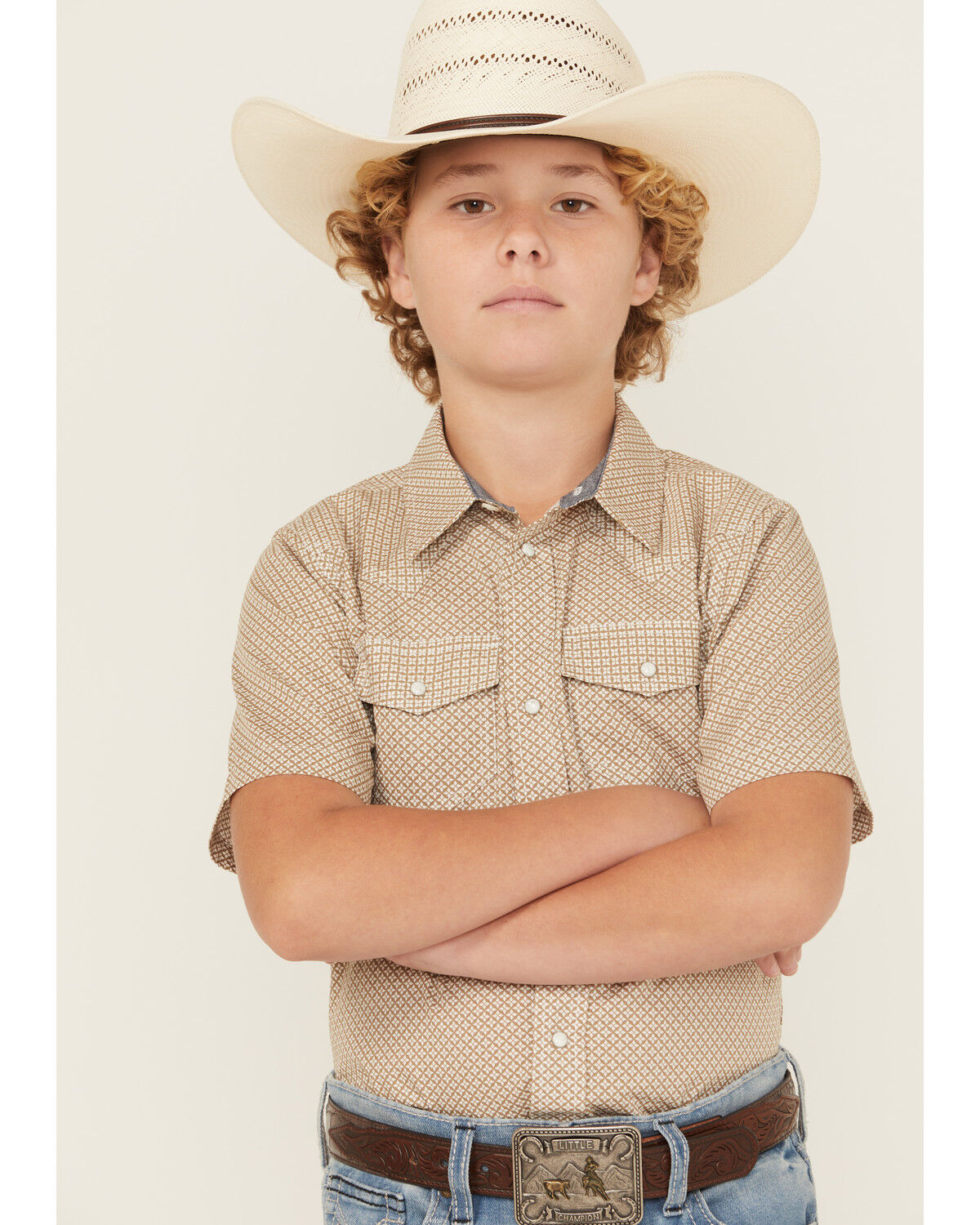 Image #1 - Cody James Boys' Grill and Greet Medallion Print Short Sleeve Snap Western Shirt, Tan, hi-res