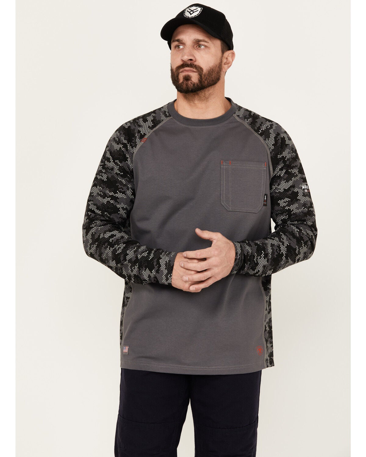 Ariat Men's FR Stretch Camo Print Long Sleeve Baseball Work T-Shirt, Charcoal, hi-res