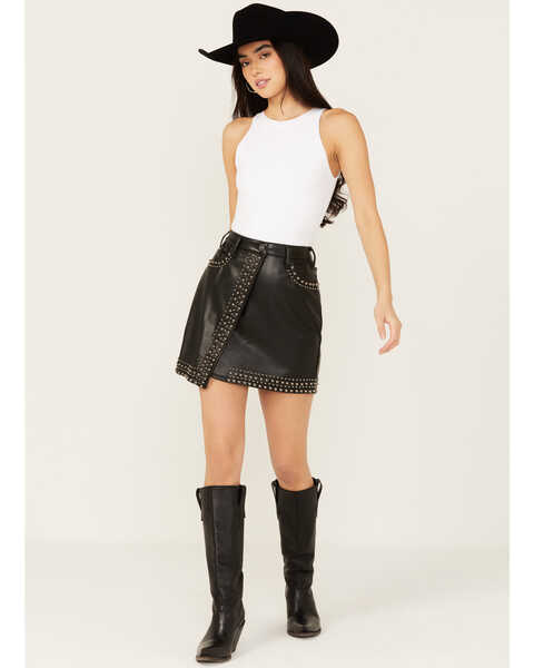 Image #1 - Rock & Roll Denim Women's Faux Leather Studded Mini Skirt , Black, hi-res
