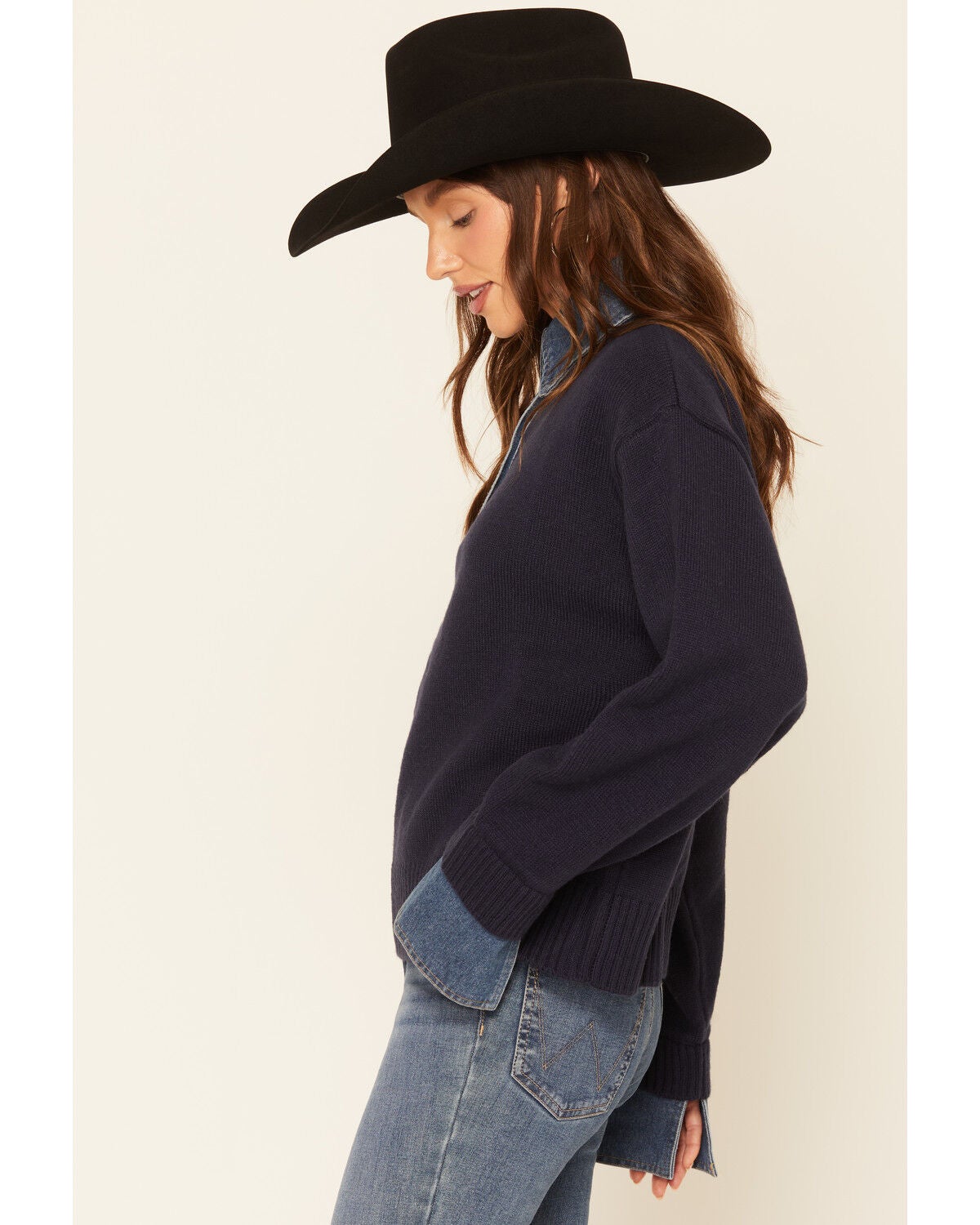 Image #2 - Revel Women's Denim Collar Sweater, Navy, hi-res