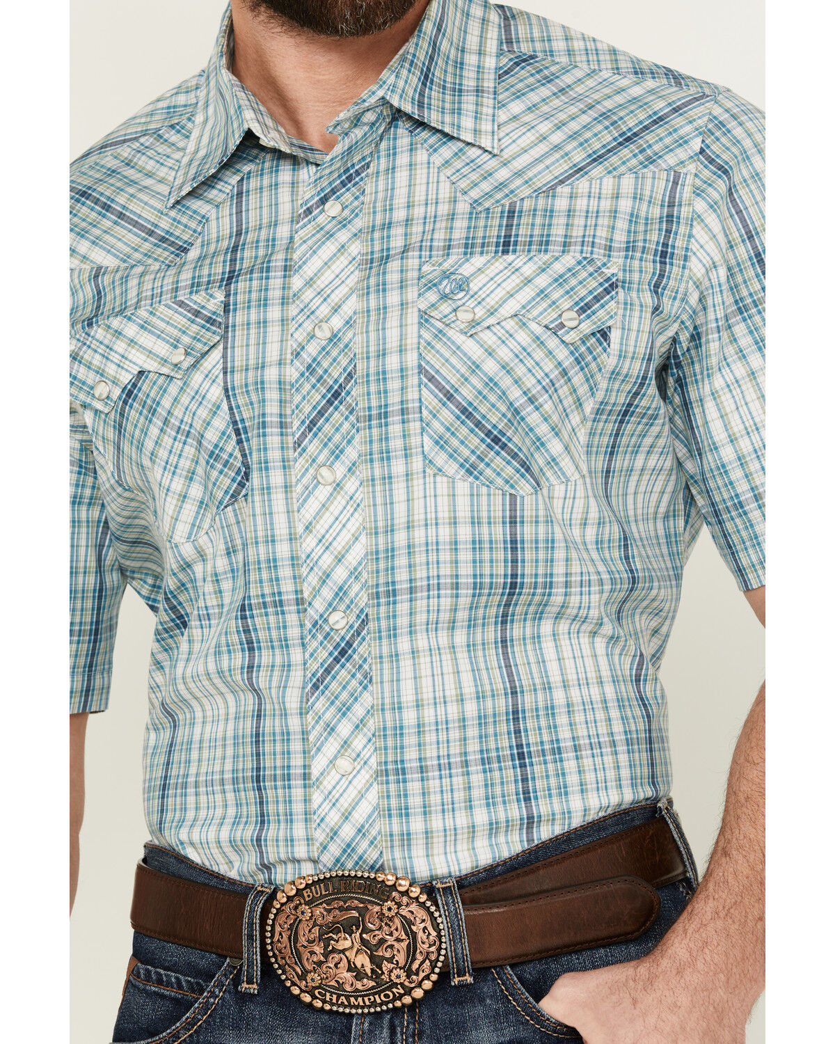 Image #3 - Wrangler Retro Men's Plaid Print Short Sleeve Pearl Snap Western Shirt, Teal, hi-res
