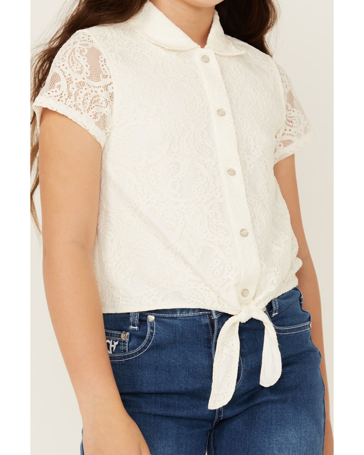 Image #3 - Shyanne Girls' Aspen Pearl Snap Tie-Front Short Sleeve Shirt, Off White, hi-res