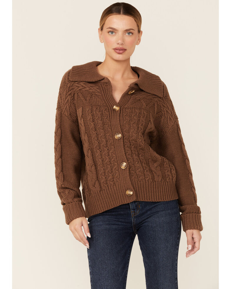 Very J Women's Open Front Cable Knit Sweater, Brown, hi-res