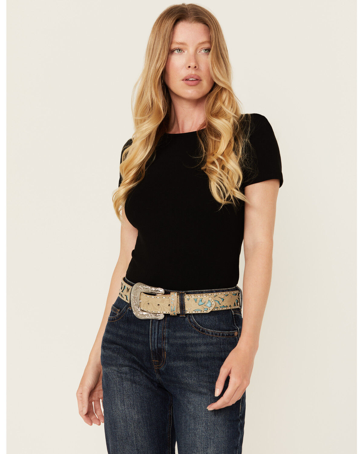 Image #1 - Shyanne Women's Glitter Underlay Tooled Belt, Tan, hi-res