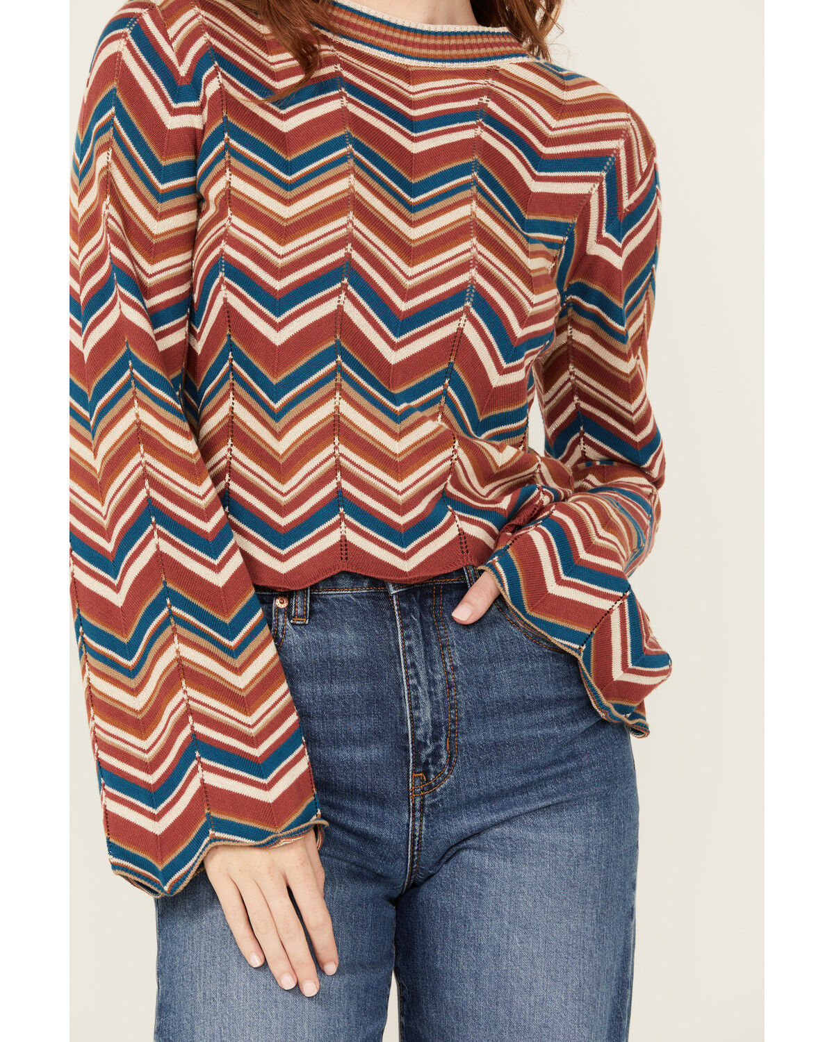 Image #2 - Rock & Roll Denim Women's Zig Zag Print Long Sleeve Bell Sweater, Rust Copper, hi-res