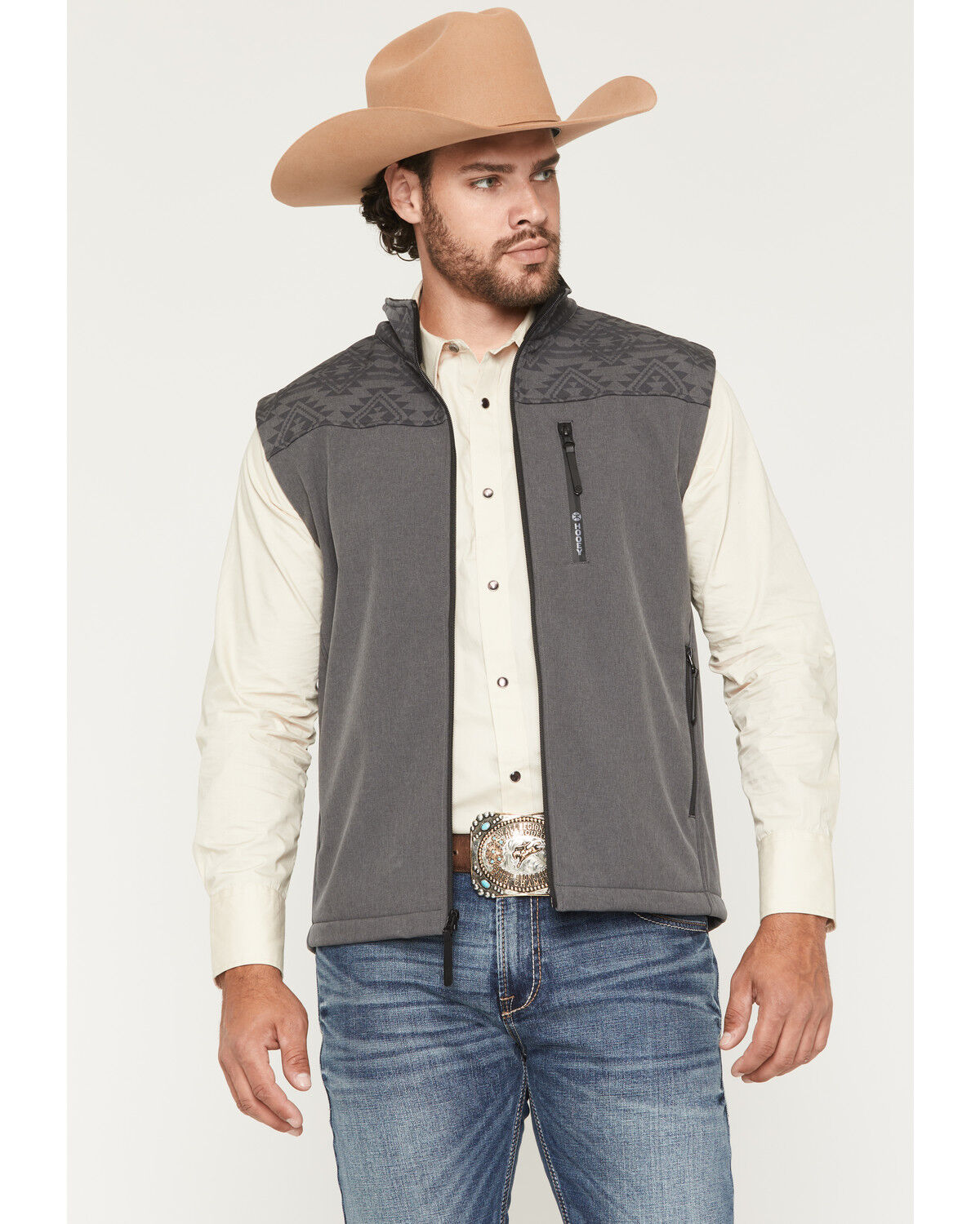 Image #1 - Hooey Men's Jackson Hole Southwestern Colorblock Softshell Vest, Grey, hi-res