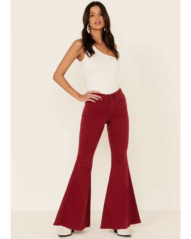 Shyanne Women's Red Seamed Pocket Flare Jeans, Red, hi-res