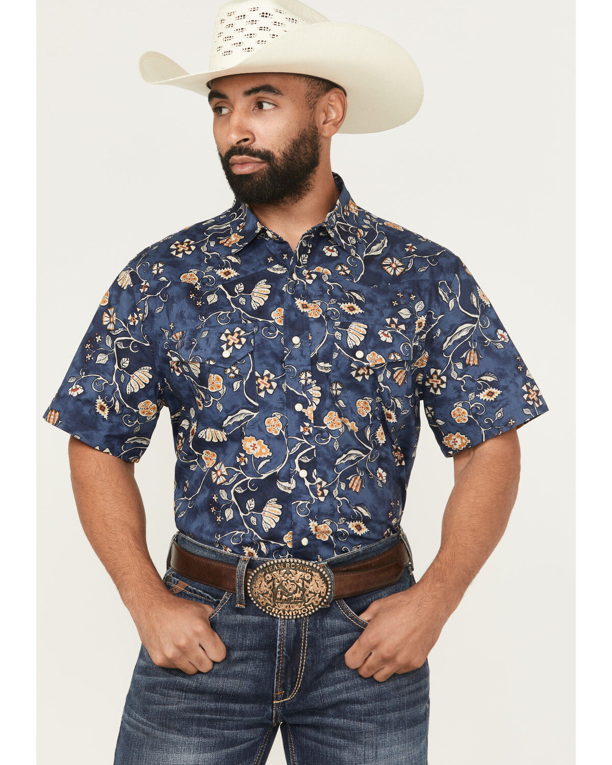 Image #1 - Pendleton Men's Laramie Floral Print Short Sleeve Snap Western Shirt, Navy, hi-res