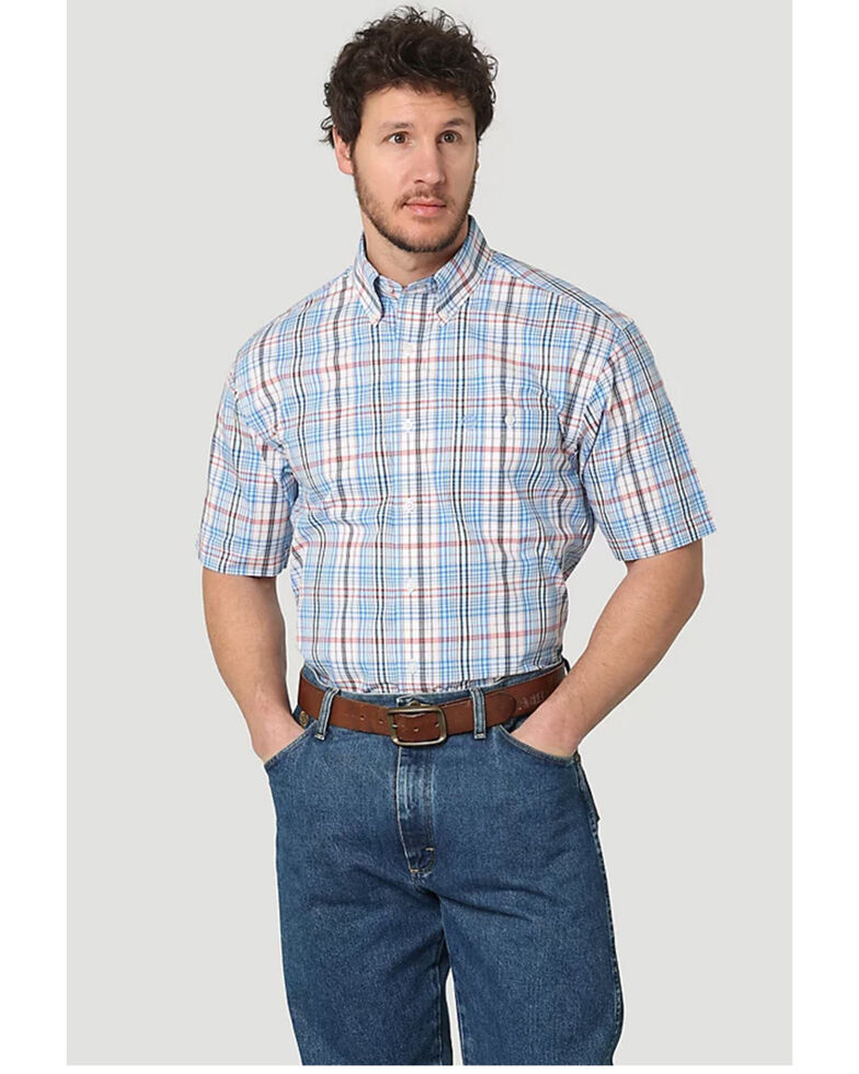 George Strait By Wrangler Men's Plaid Short Sleeve Button-Down Western Shirt, Blue, hi-res