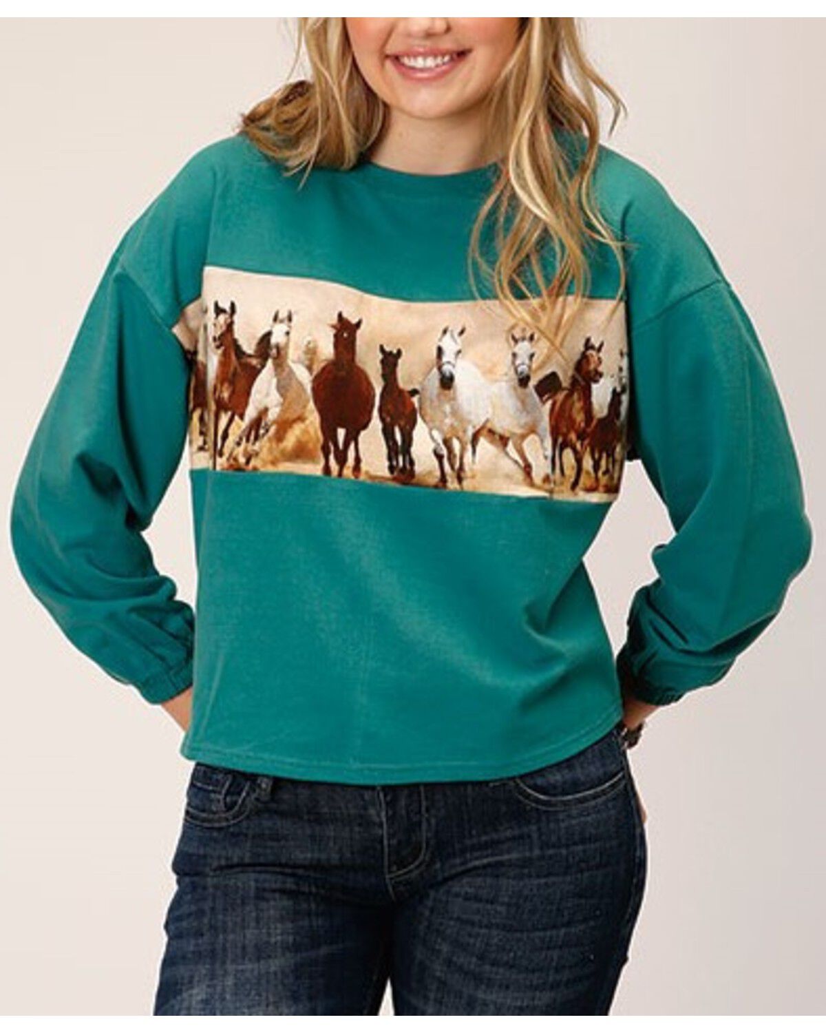 Image #1 - Roper Women's Micro French Terry Sweatshirt, Turquoise, hi-res
