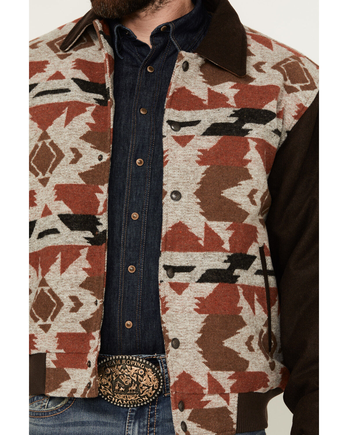Image #3 - Cripple Creek Men's Brown Navajo Blanket Print Snap-Front Bomber Jacket, Brown, hi-res
