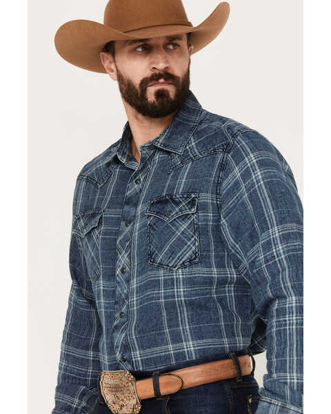 Image #2 - Wrangler Retro Men's Plaid Long Sleeve Western Snap Shirt, Indigo, hi-res