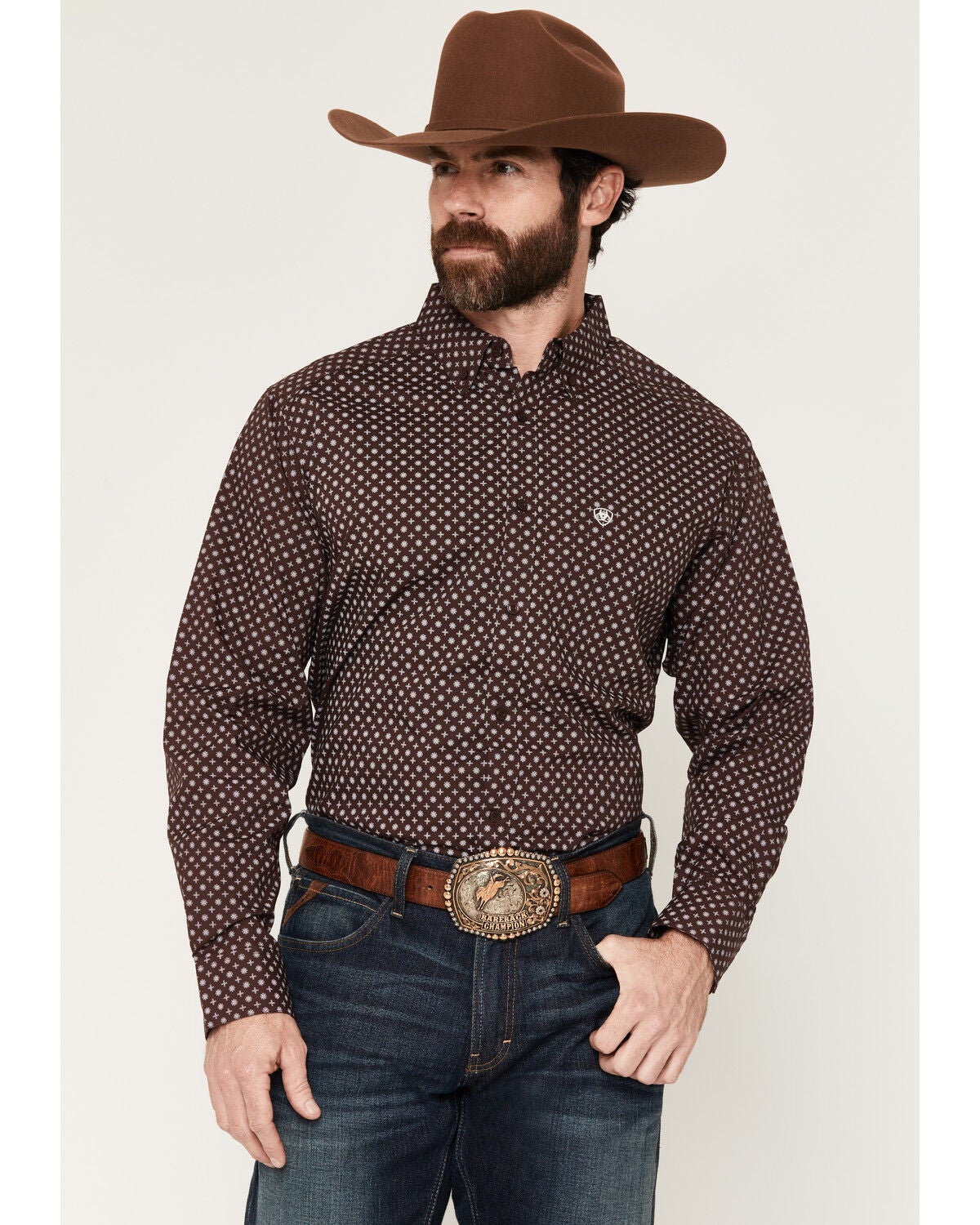 Ariat Men's Constantine Medallion Print Long Sleeve Button-Down Western Shirt, Brown, hi-res