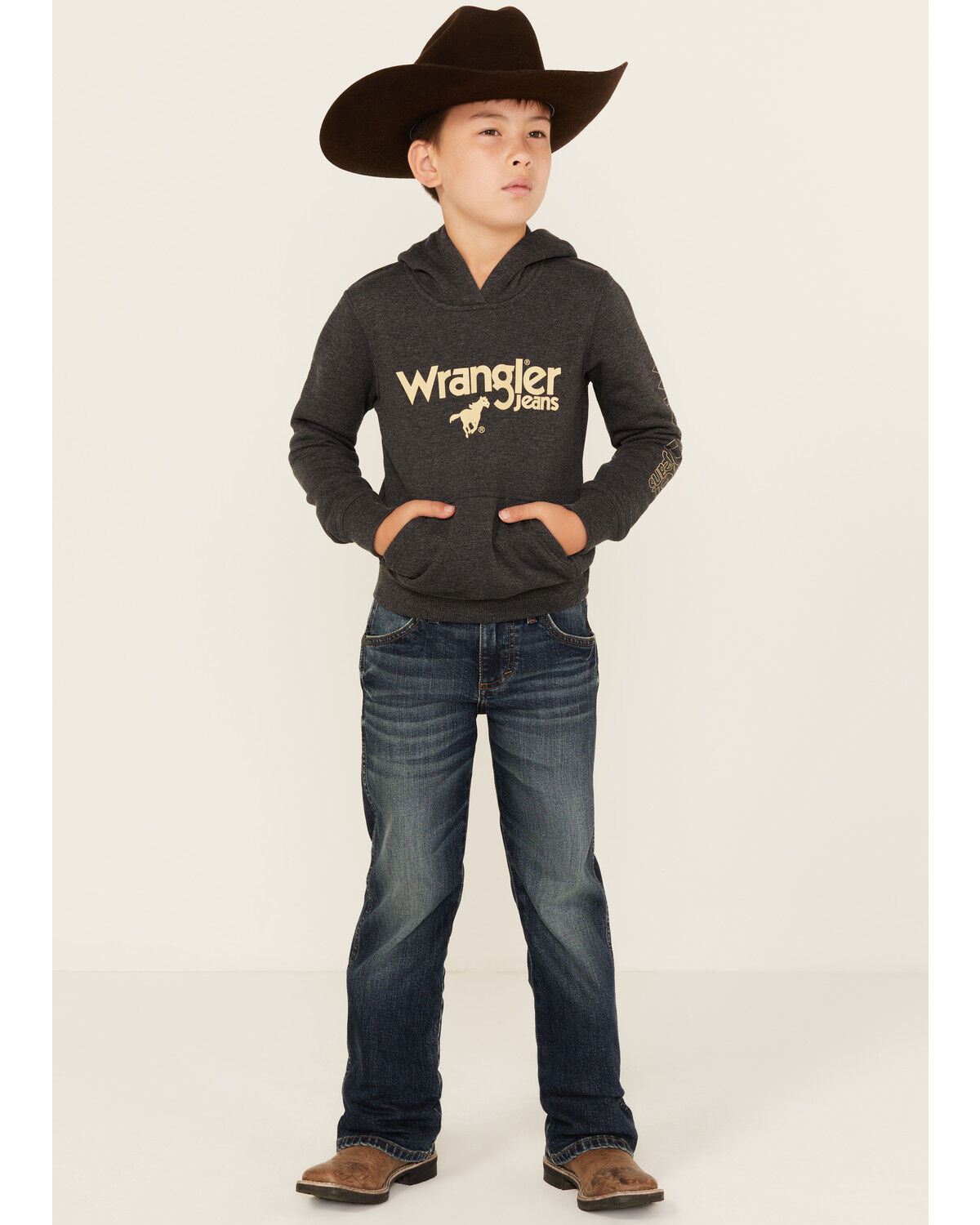 Image #1 - Wrangler Boys' Medium Wash Dellwood Relaxed Bootcut Stretch Jeans - Big, Medium Wash, hi-res