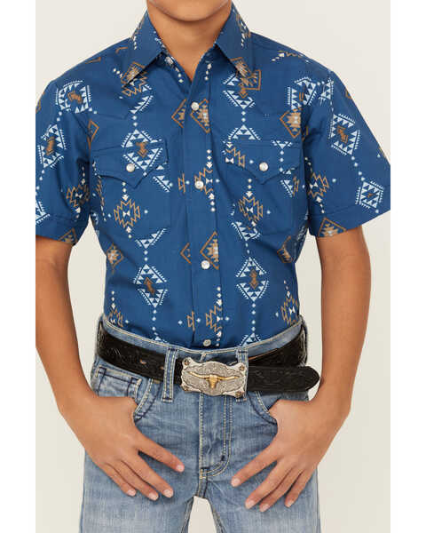 Image #3 - Ely Walker Boys' Southwestern Print Short Sleeve Pearl Snap Western Shirt , Indigo, hi-res