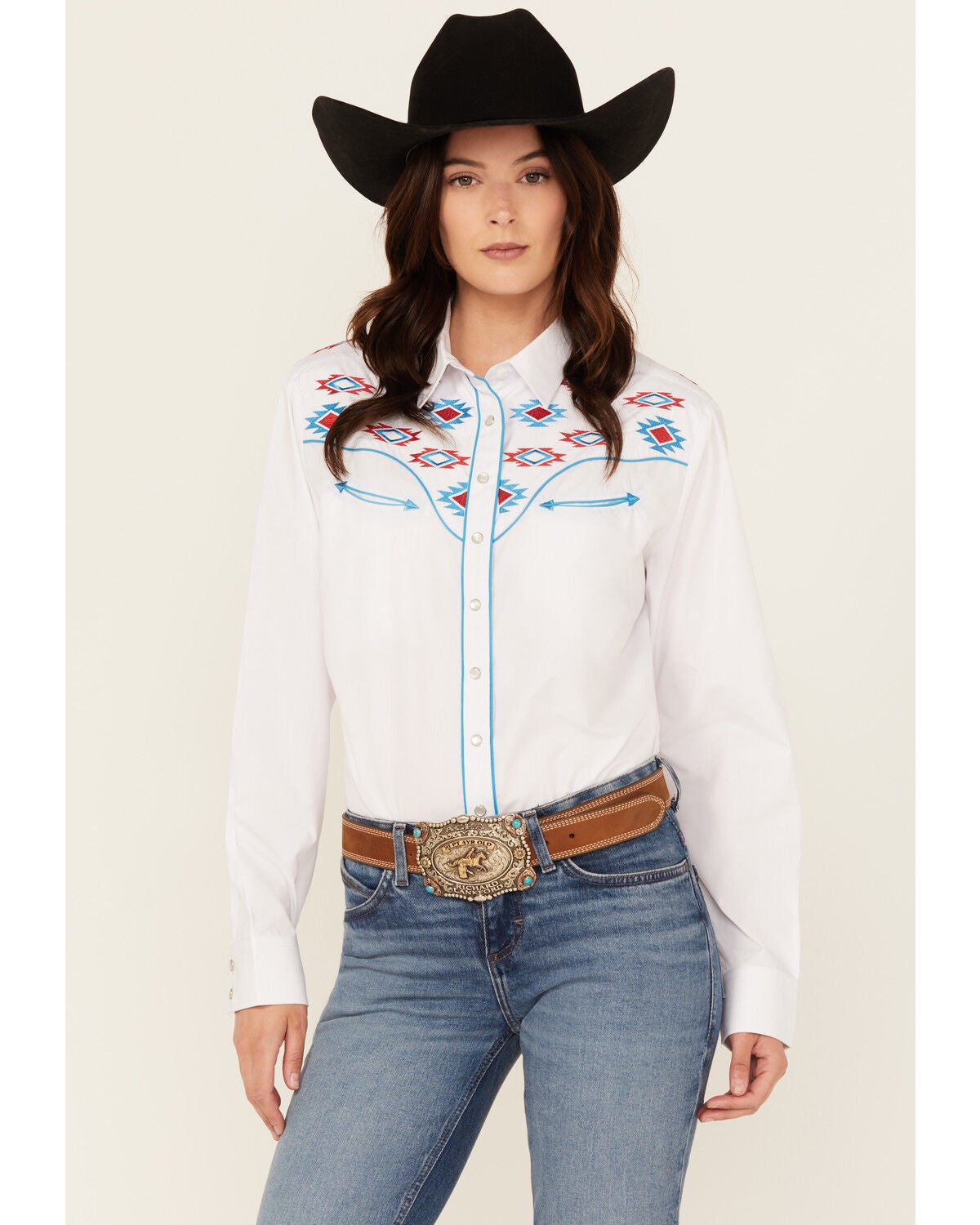 Rodeo Clothing Women's Southwestern Embroidered Long Sleeve Snap Western Shirt, White, hi-res