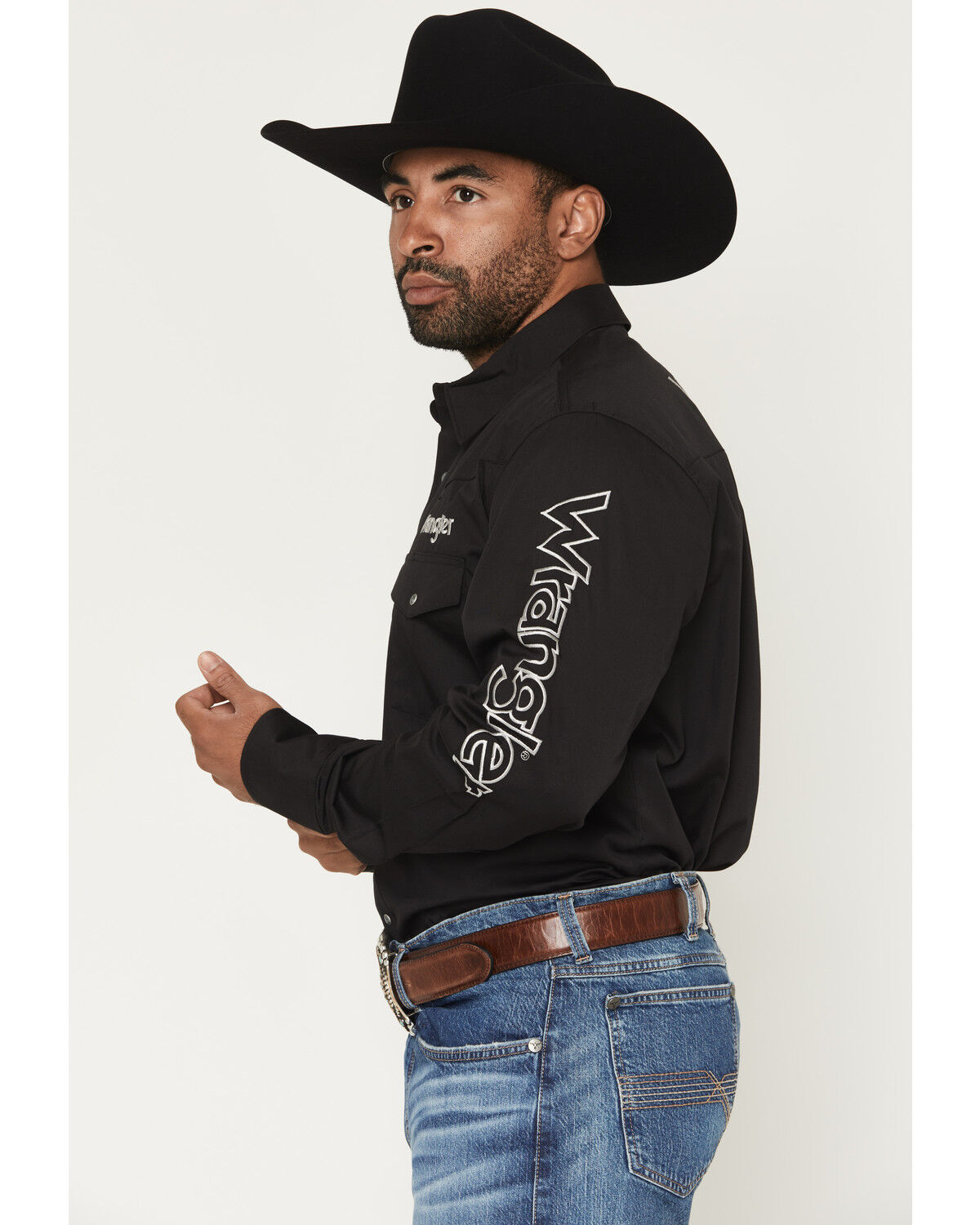 Image #1 - Wrangler Men's Solid Logo Long Sleeve Snap Western Shirt, Black, hi-res