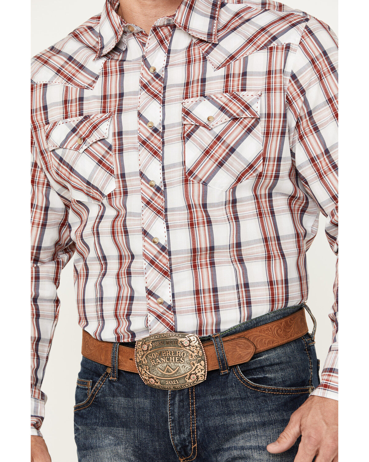 Image #3 - Wrangler Men's Plaid Print Long Sleeve Snap Western Shirt, Red, hi-res