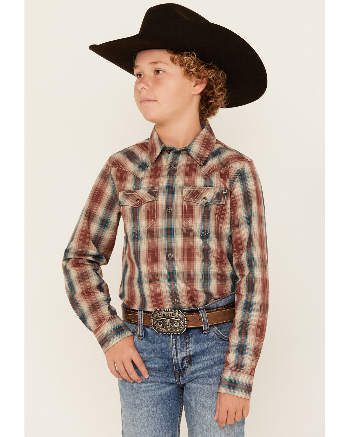 Image #1 - Cody James Boys' Ricardo Plaid Print Long Sleeve Snap Western Shirt, Tan, hi-res
