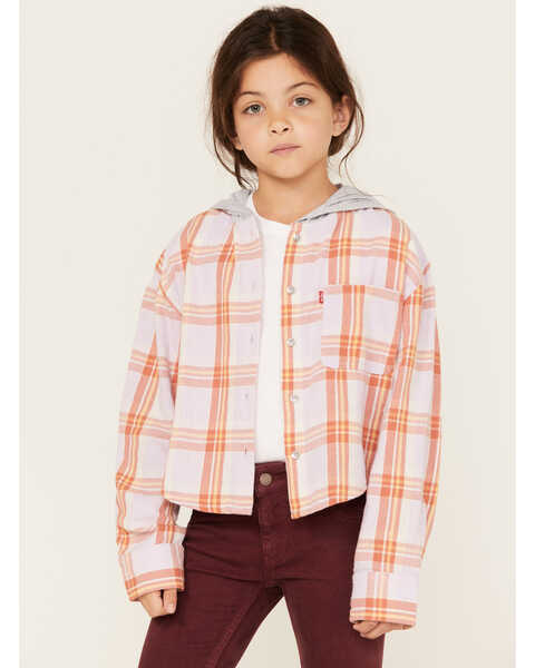 Levi's Little Girls' Plaid Print Long Sleeve Button-Down Hooded Shirt, Purple, hi-res