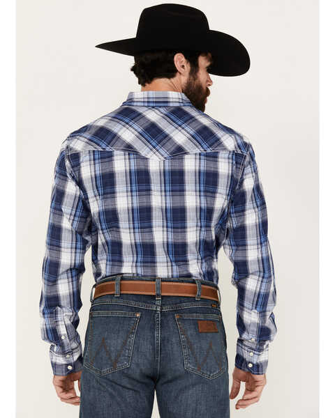 Image #4 - Wrangler 20X Men's Plaid Print Long Sleeve Snap Western Shirt, Navy, hi-res