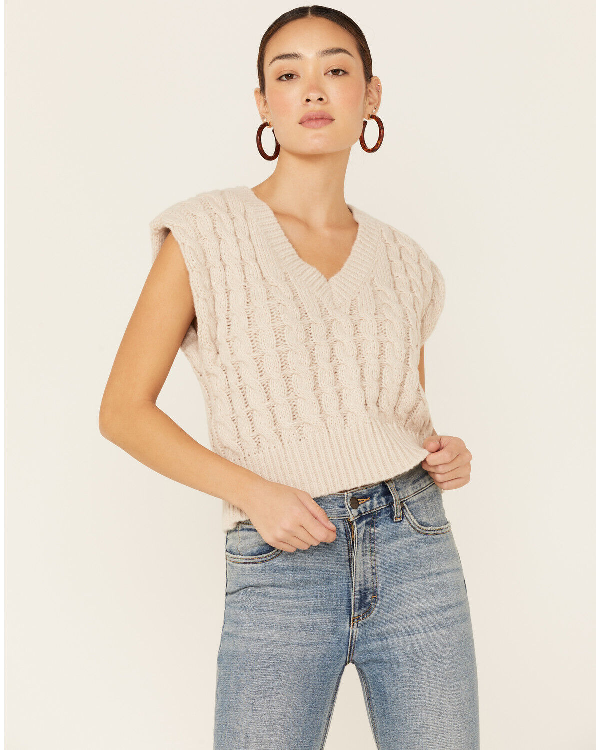 Image #1 - Very J Women's Oatmeal Cable Knit Cropped Sweater Vest, , hi-res