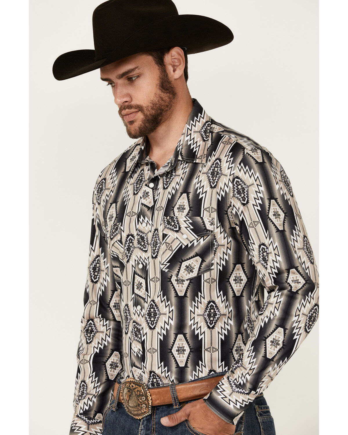 Image #2 - Rock & Roll Denim Men's Southwestern Print Long Sleeve Snap Stretch Western Shirt, Dark Brown, hi-res