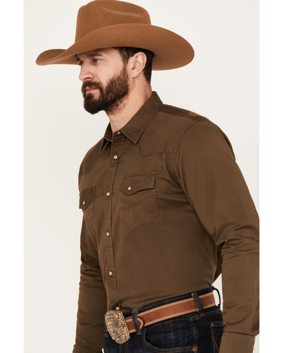 Image #2 - Blue Ranchwear Men's Solid Twill Long Sleeve Snap Stretch Western Shirt, Bark, hi-res