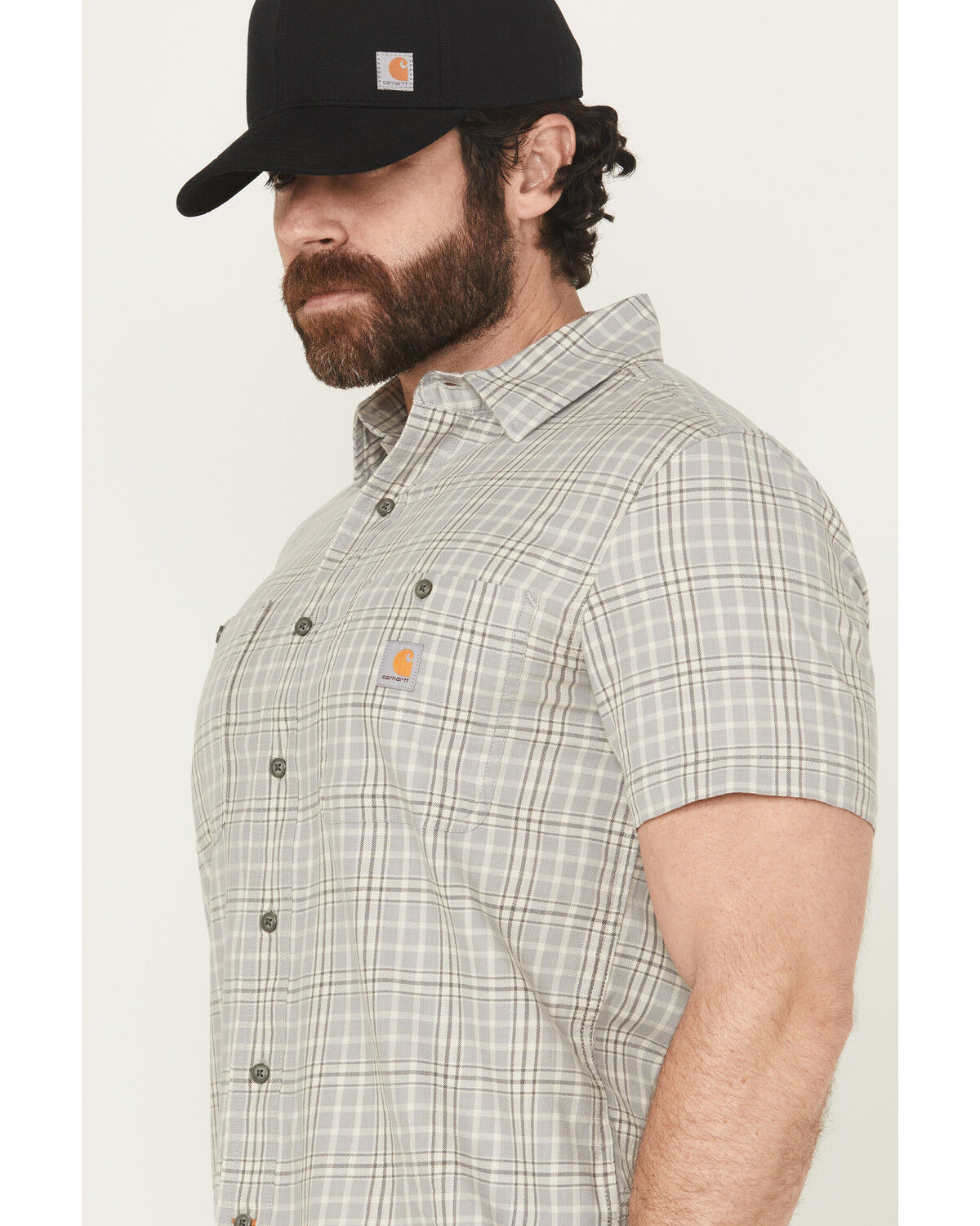Image #2 - Carhartt Men's Rugged Flex® Relaxed Fit Lightweight Short Sleeve Plaid Print Button-Down Stretch Work Shirt, Grey, hi-res